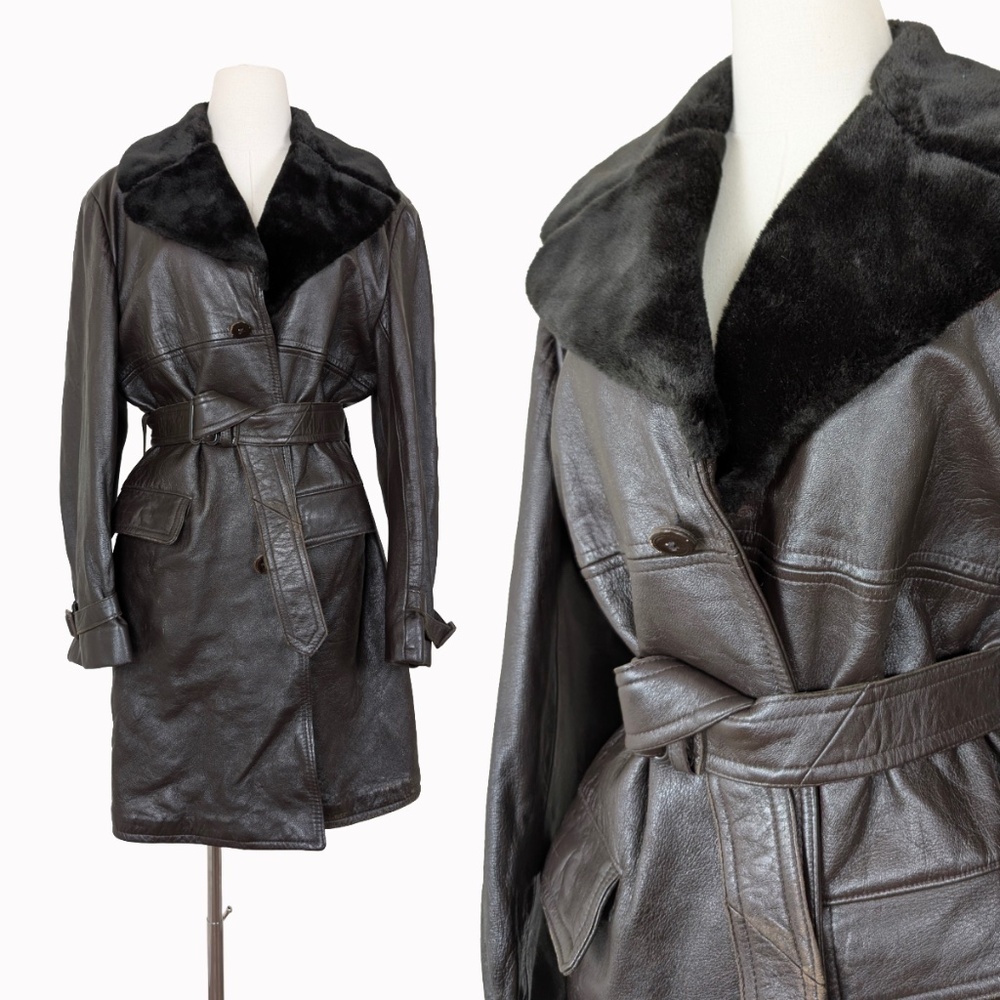 Hudson's Bay Leather Jacket Fur Trimmed Trench Coat Lined Belted Plus Size